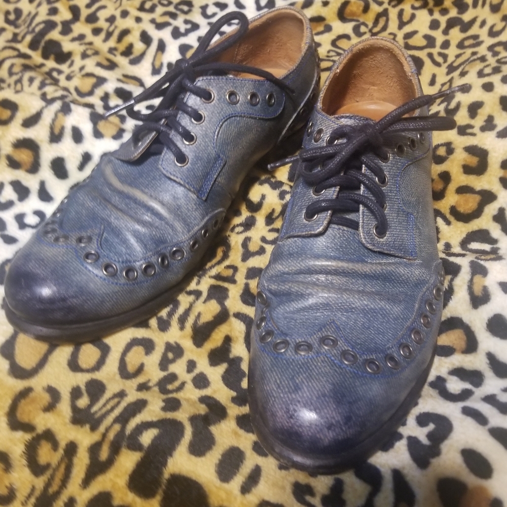 Fluevog Virtue Pound Derby Wingtip shoes denim blue leather